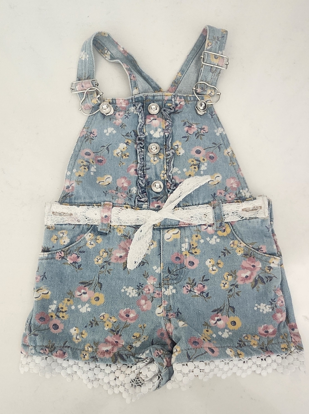 Toddler Girls Floral Denim Overall Shorts Lace Belt - Blue 3T